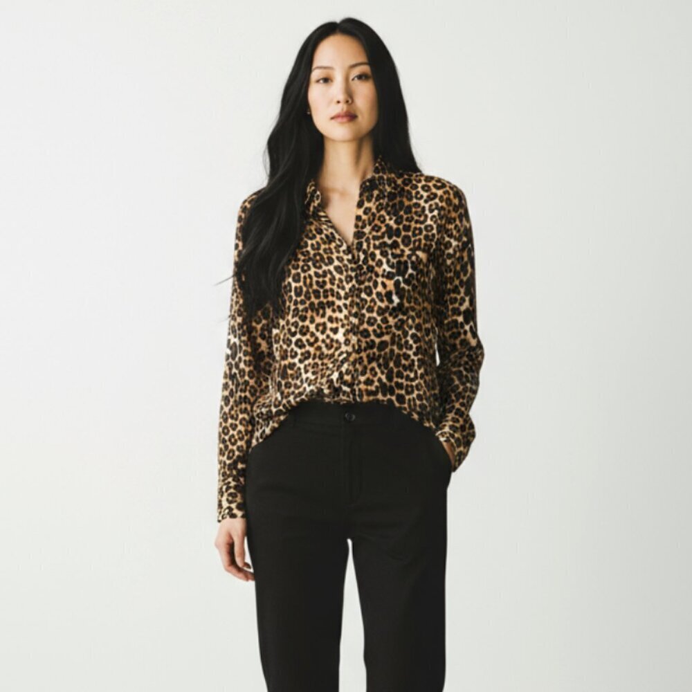 Express Portofino Shirt in Brown & Black Leopard Print Crepe Size Small - Picture 2 of 7